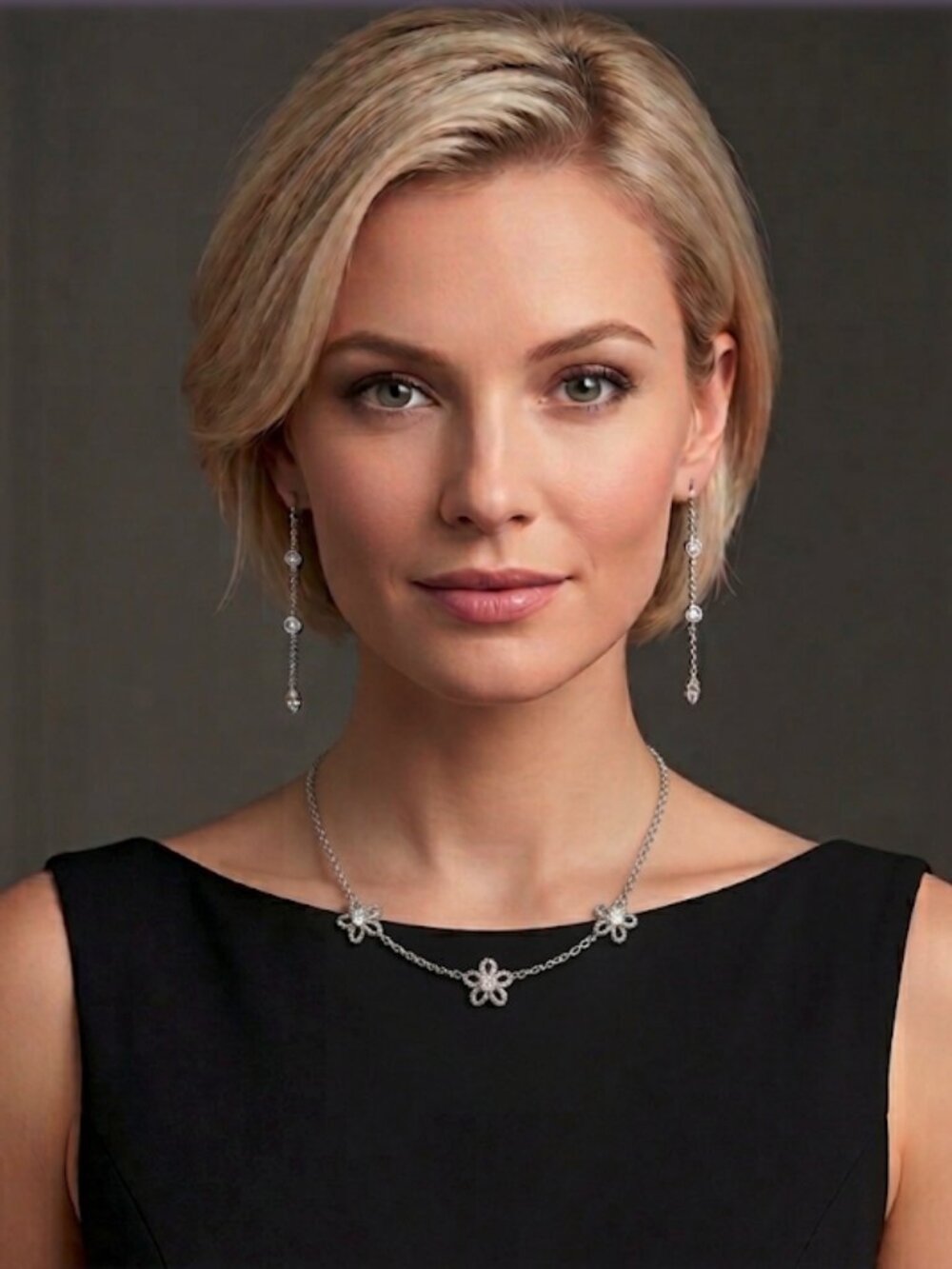 Boutique Style 925 Silver CZ Floral Necklace & Drop Earrings Set